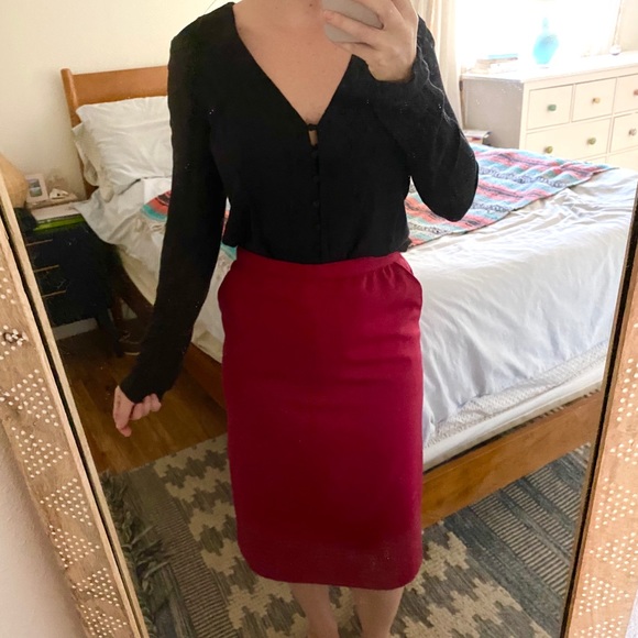 Vintage French Red Button Back Wool Pencil Skirt - Picture 5 of 10